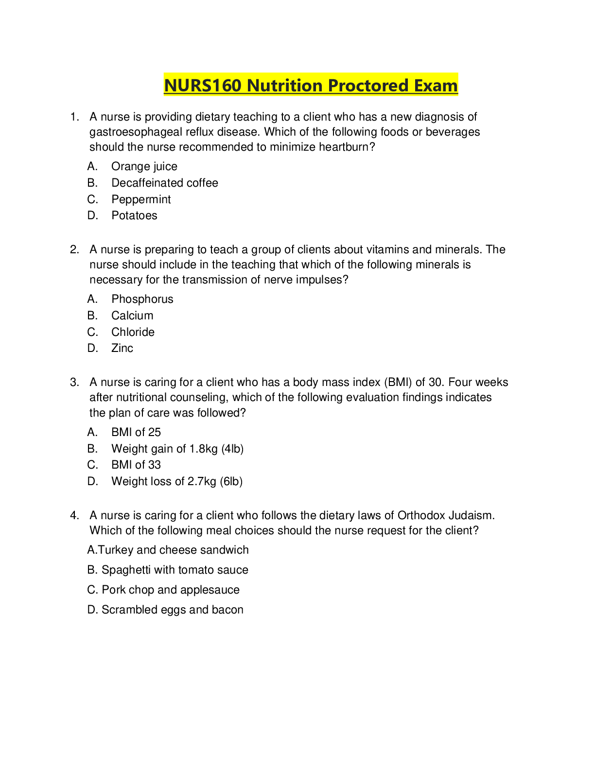 Preview image for NURS 160 Nutrition Proctored Exam | NURS160 Nutrition Proctored Exam_100% Correct answers